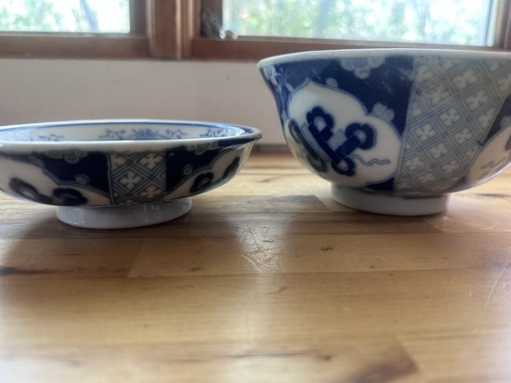 Vintage Japanese Blue & White Porcelain Tea Bowl & Matching Saucer Dish Set 6"